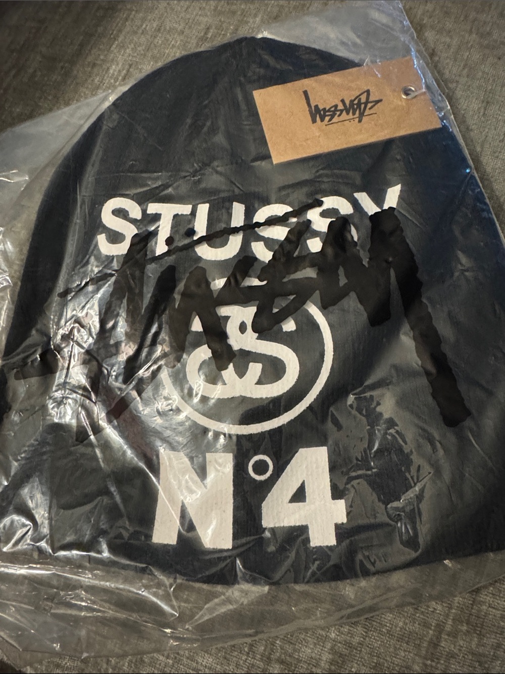 Rare Stussy skull cap Black Beanie with White Logo and N°4 Print